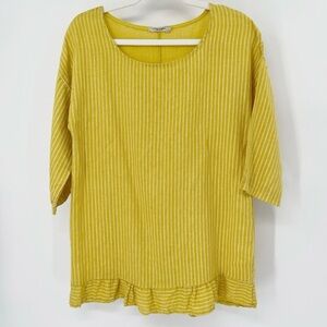 Lungo L'arno Linen Stripe Blouse Sz M Yellow Ruffle Round Neck Boho  Italy